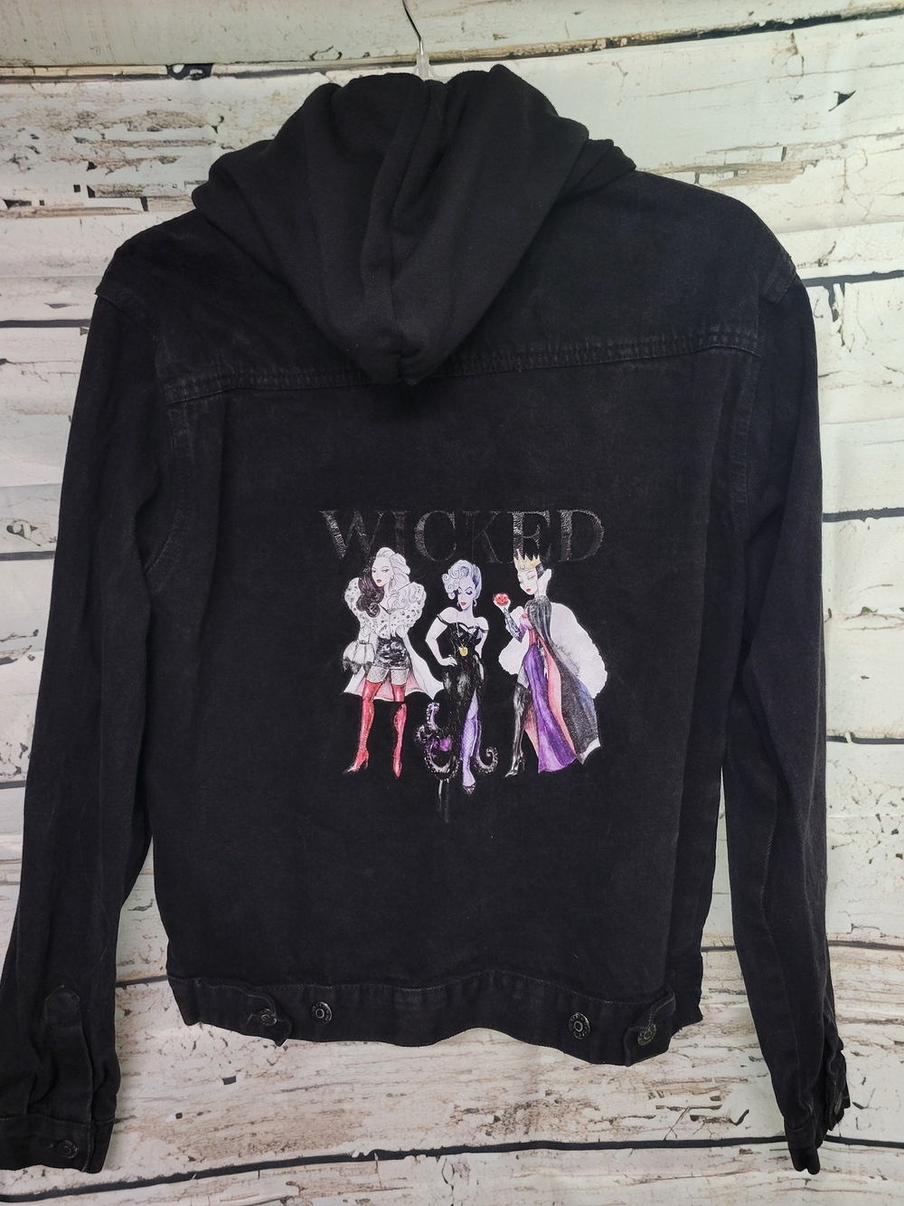 Urban Heritage black hooded denim jacket + custom villain graphic